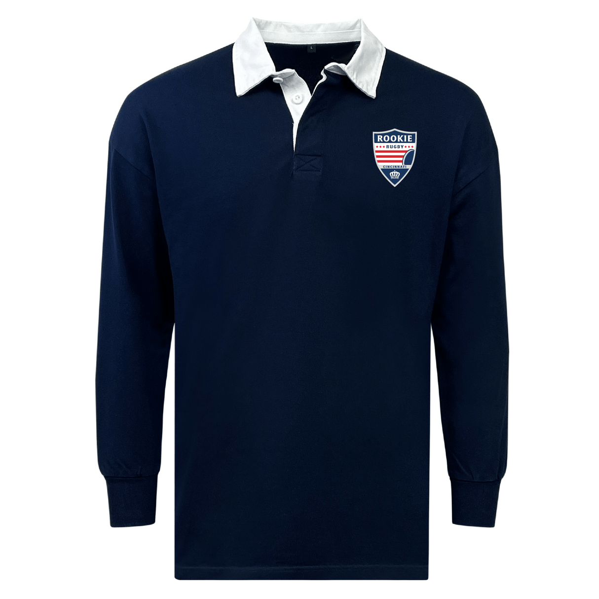 Long-sleeve navy blue Cincinnati Rookie Rugby Classic solid rugby jersey with a white collar and a red and white "rookie" crest on the left chest.