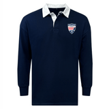 Long-sleeve navy blue Cincinnati Rookie Rugby Classic solid rugby jersey with a white collar and a red and white "rookie" crest on the left chest.