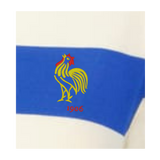 Show your love for women's prep street rugby with the EMB Augusta Women's Vintage France Prep Street Rugby Crop, featuring a yellow rooster with red accents and "1906" on a blue stripe over a white background.