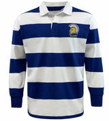 The EMB Mudoo Spartan Rugby Classic Long Sleeve Hooped Rugby Jersey features bold blue and white stripes and a Spartan helmet "RUGBY" patch on the left chest.