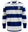 The EMB Mudoo Spartan Rugby Classic Long Sleeve Hooped Rugby Jersey features bold blue and white stripes and a Spartan helmet "RUGBY" patch on the left chest.