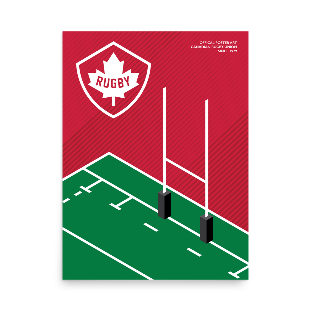 A Rugby Canada Rugby Pitch Poster featuring the Canadian flag and a vibrant rugby field, perfect for any rugby enthusiast and supporter of Rugby Canada by PF LIC.