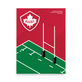 A Rugby Canada Rugby Pitch Poster featuring the Canadian flag and a vibrant rugby field, perfect for any rugby enthusiast and supporter of Rugby Canada by PF LIC.