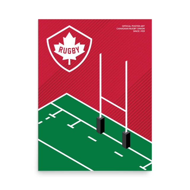 A Rugby Canada Rugby Pitch Poster featuring the Canadian flag and a vibrant rugby field, perfect for any rugby enthusiast and supporter of Rugby Canada by PF LIC.