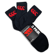 Three pairs of black Canterbury Cotton Crew Socks with red Canterbury logos.