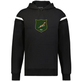 The South Africa Heritage Prep Vintage Shield Hoodie by WRS Augusta features a black design, white sleeve stripes, and a central green and gold shield with a leaping springbok and "1891" for classic, vintage flair.