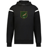 The South Africa Heritage Prep Vintage Shield Hoodie by WRS Augusta features a black design, white sleeve stripes, and a central green and gold shield with a leaping springbok and "1891" for classic, vintage flair.