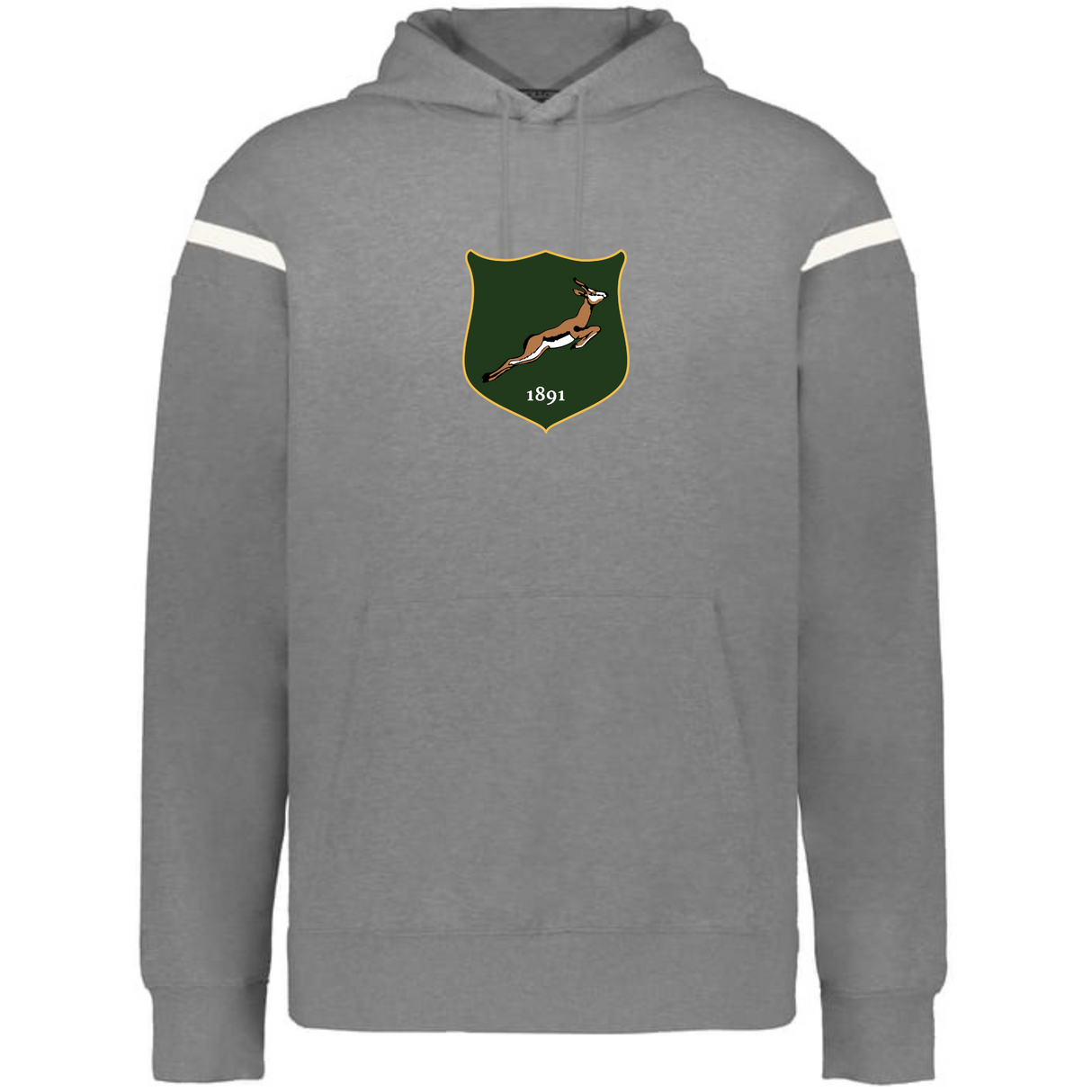 The WRS Augusta South Africa Heritage Prep Vintage Shield Hoodie features a gray design with white sleeve stripes, a green vintage shield, leaping springbok, and "1891" on the chest—a classic pick for fans.