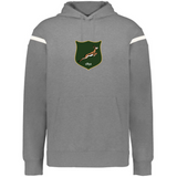 The WRS Augusta South Africa Heritage Prep Vintage Shield Hoodie features a gray design with white sleeve stripes, a green vintage shield, leaping springbok, and "1891" on the chest—a classic pick for fans.