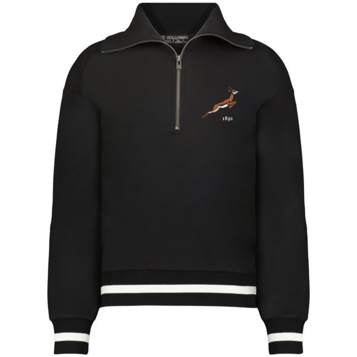 The EMB Augusta Women's Vintage South Africa Heritage Prep Pullover features a black half-zip, white stripe accents, and a leaping antelope "1891" graphic on the chest for classic style.