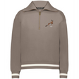 The EMB Augusta Women’s Vintage South Africa Heritage Prep Pullover features taupe fabric, white cuff and hem stripes, a leaping antelope, and "1891" on the chest—blending classic style with a nod to South African heritage.
