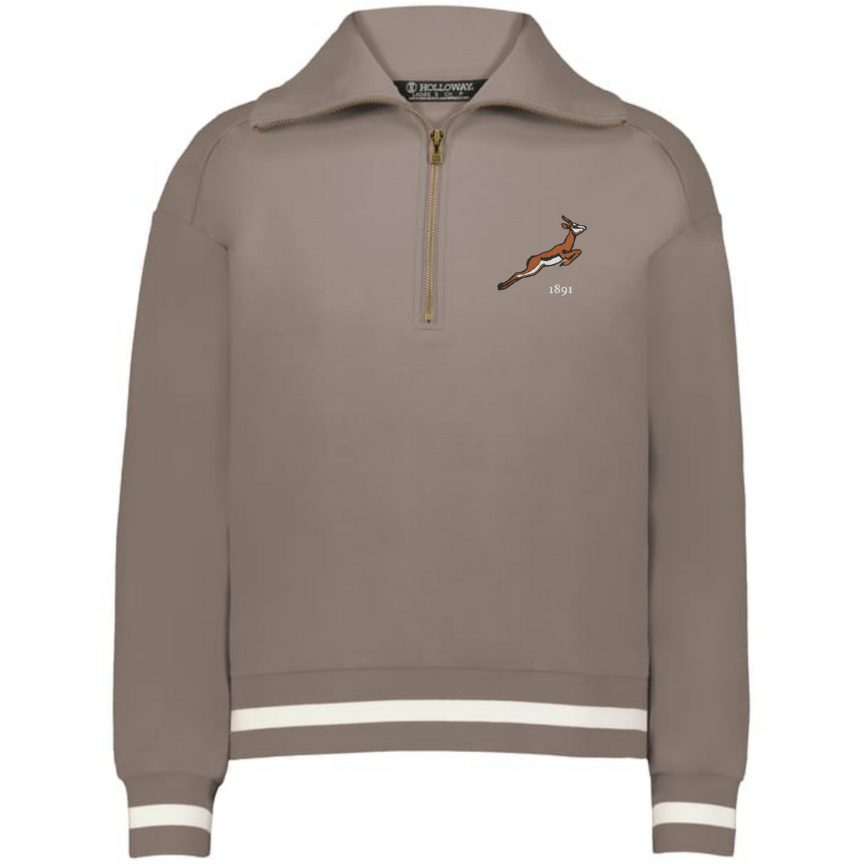 The EMB Augusta Women’s Vintage South Africa Heritage Prep Pullover features taupe fabric, white cuff and hem stripes, a leaping antelope, and "1891" on the chest—blending classic style with a nod to South African heritage.