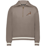 The EMB Augusta Women’s Vintage South Africa Heritage Prep Pullover features taupe fabric, white cuff and hem stripes, a leaping antelope, and "1891" on the chest—blending classic style with a nod to South African heritage.