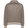 The EMB Augusta Women’s Vintage South Africa Heritage Prep Pullover features taupe fabric, white cuff and hem stripes, a leaping antelope, and "1891" on the chest—blending classic style with a nod to South African heritage.