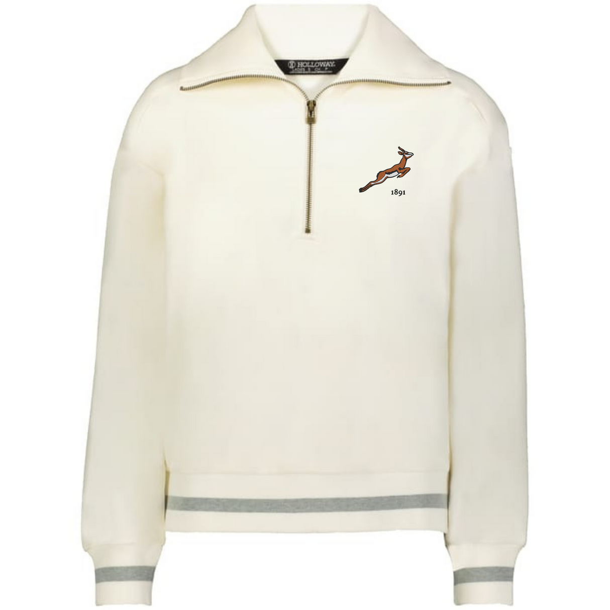 The EMB Augusta Women's Vintage South Africa Heritage Prep Pullover is cream-colored with gray-striped cuffs and hem, featuring a small brown antelope logo and "1891" on the left chest for a classic, vintage look.