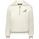 The EMB Augusta Women's Vintage South Africa Heritage Prep Pullover is cream-colored with gray-striped cuffs and hem, featuring a small brown antelope logo and "1891" on the left chest for a classic, vintage look.