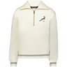 The EMB Augusta Women's Vintage South Africa Heritage Prep Pullover is cream-colored with gray-striped cuffs and hem, featuring a small brown antelope logo and "1891" on the left chest for a classic, vintage look.