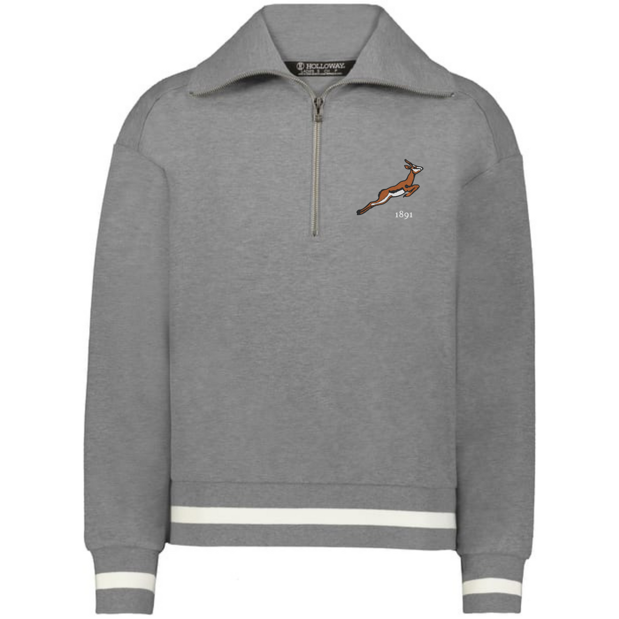 The EMB Augusta Women's Vintage South Africa Heritage Prep Pullover is a gray quarter-zip with white striped cuffs and hem, embroidered with a leaping antelope and "1891" on the left chest.