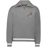 The EMB Augusta Women's Vintage South Africa Heritage Prep Pullover is a gray quarter-zip with white striped cuffs and hem, embroidered with a leaping antelope and "1891" on the left chest.
