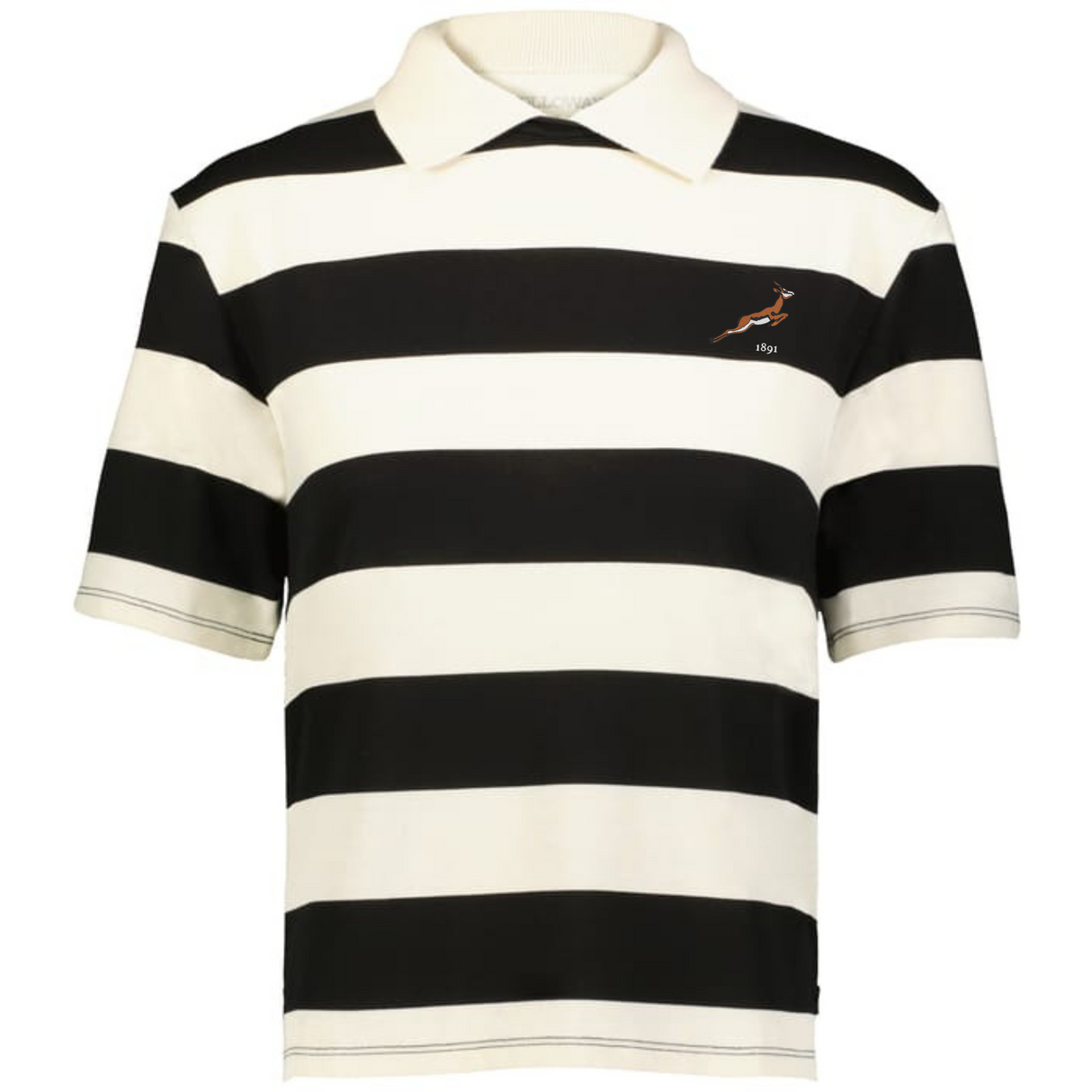 The EMB Augusta Women's Vintage South Africa Prep Street Rugby Crop is a short-sleeve polo with wide black and white stripes and a small springbok logo, inspired by classic South African rugby crop styles.