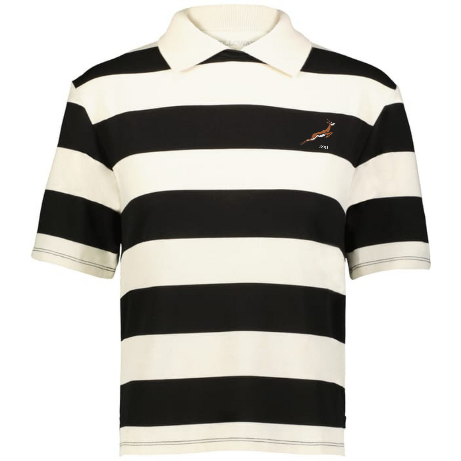 The EMB Augusta Women's Vintage South Africa Prep Street Rugby Crop is a short-sleeve polo with wide black and white stripes and a small springbok logo, inspired by classic South African rugby crop styles.