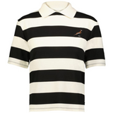 The EMB Augusta Women's Vintage South Africa Prep Street Rugby Crop is a short-sleeve polo with wide black and white stripes and a small springbok logo, inspired by classic South African rugby crop styles.