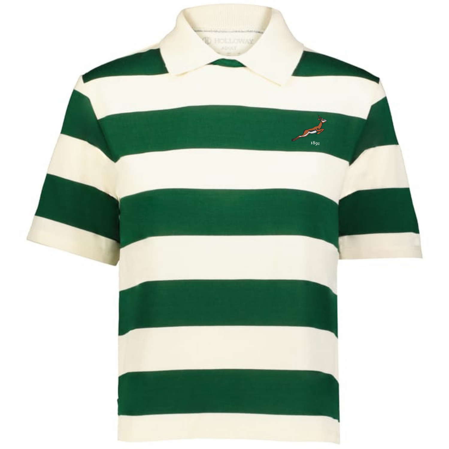 The EMB Augusta Women's Vintage South Africa Prep Street Rugby Crop features green and white stripes, short sleeves, and a small springbok logo—the ideal tee for casual flair.