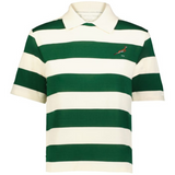 The EMB Augusta Women's Vintage South Africa Prep Street Rugby Crop features green and white stripes, short sleeves, and a small springbok logo—the ideal tee for casual flair.