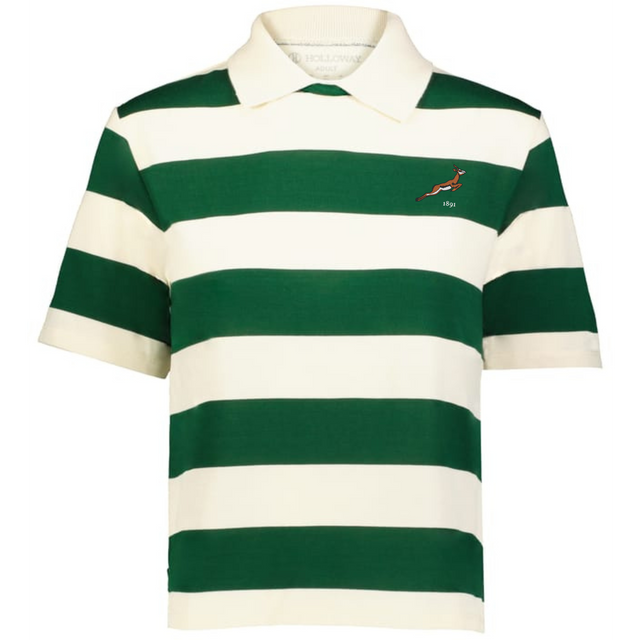 The EMB Augusta Women's Vintage South Africa Prep Street Rugby Crop features green and white stripes, short sleeves, and a small springbok logo—the ideal tee for casual flair.