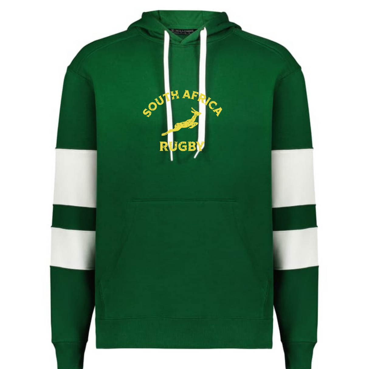 The WRS Augusta Nations of Rugby South Africa Jackson Way Hoodie is green with white drawstrings, sleeve stripes, and "South Africa Rugby" plus a yellow springbok logo printed on the chest.