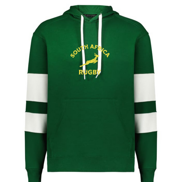 The WRS Augusta Nations of Rugby South Africa Jackson Way Hoodie is green with white drawstrings, sleeve stripes, and "South Africa Rugby" plus a yellow springbok logo printed on the chest.
