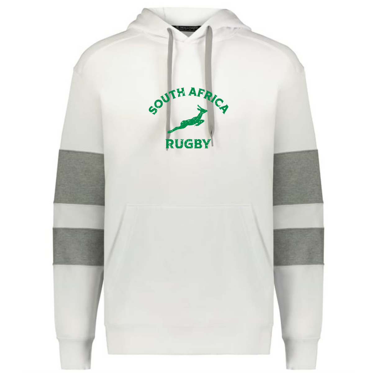 Cheer on your team in the Nations of Rugby South Africa Jackson Way Hoodie by WRS Augusta—white with gray sleeve stripes, a front pocket, “South Africa Rugby” text, and a green springbok logo on the chest.