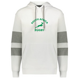 Cheer on your team in the Nations of Rugby South Africa Jackson Way Hoodie by WRS Augusta—white with gray sleeve stripes, a front pocket, “South Africa Rugby” text, and a green springbok logo on the chest.