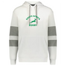 Cheer on your team in the Nations of Rugby South Africa Jackson Way Hoodie by WRS Augusta—white with gray sleeve stripes, a front pocket, “South Africa Rugby” text, and a green springbok logo on the chest.