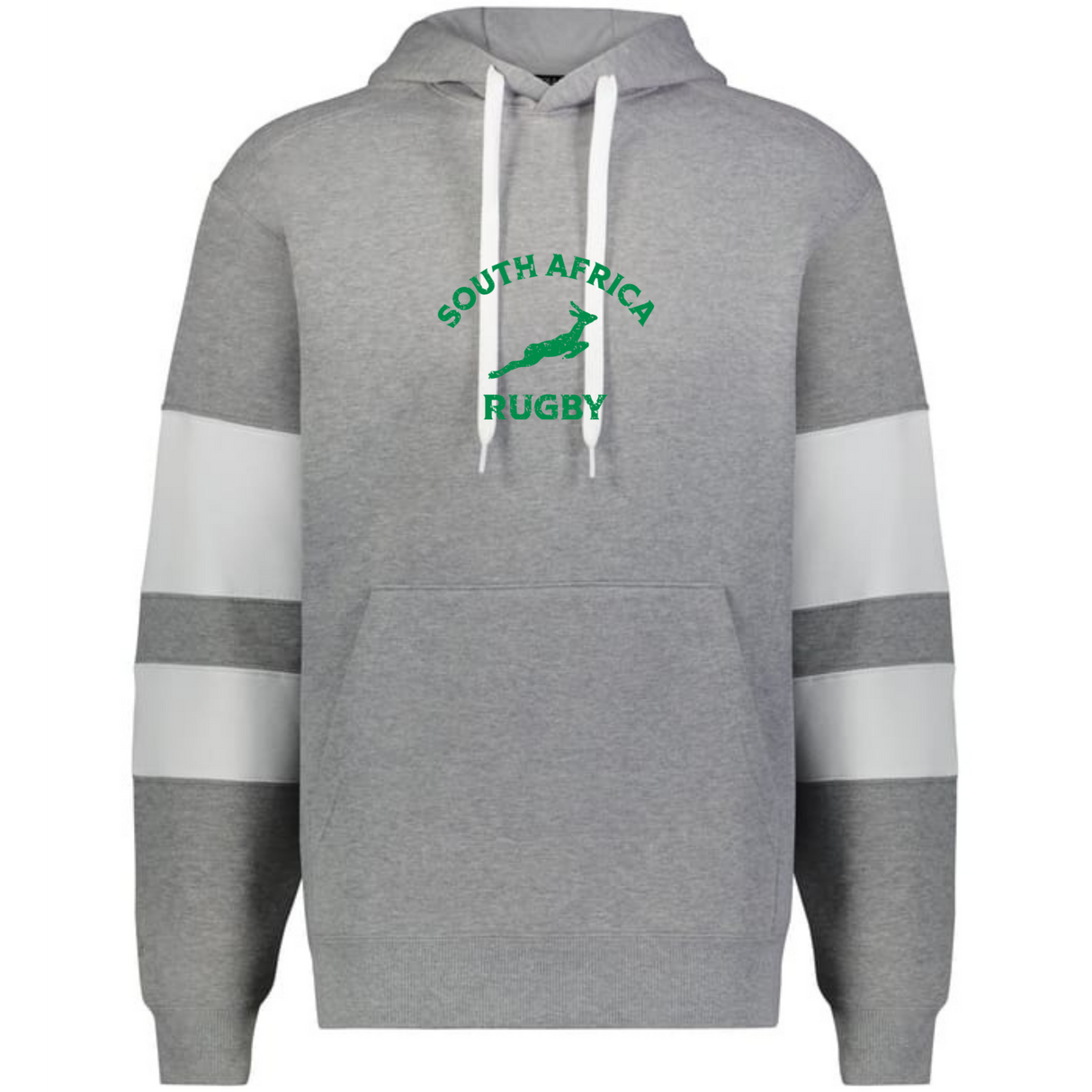 The WRS Augusta Nations of Rugby South Africa Jackson Way Hoodie is grey with white sleeve stripes, a green "South Africa Rugby" logo, and a bold leaping antelope graphic on the chest.