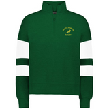 The EMB Augusta Women's Nations of Rugby South Africa Jackson Way Pullover is green with white sleeve stripes, a yellow "South Africa Rugby" chest logo, and features a classic rugby supporter style.
