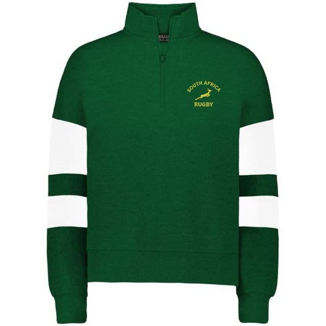 The EMB Augusta Women's Nations of Rugby South Africa Jackson Way Pullover is green with white sleeve stripes, a yellow "South Africa Rugby" chest logo, and features a classic rugby supporter style.