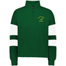 The EMB Augusta Women's Nations of Rugby South Africa Jackson Way Pullover is green with white sleeve stripes, a yellow "South Africa Rugby" chest logo, and features a classic rugby supporter style.