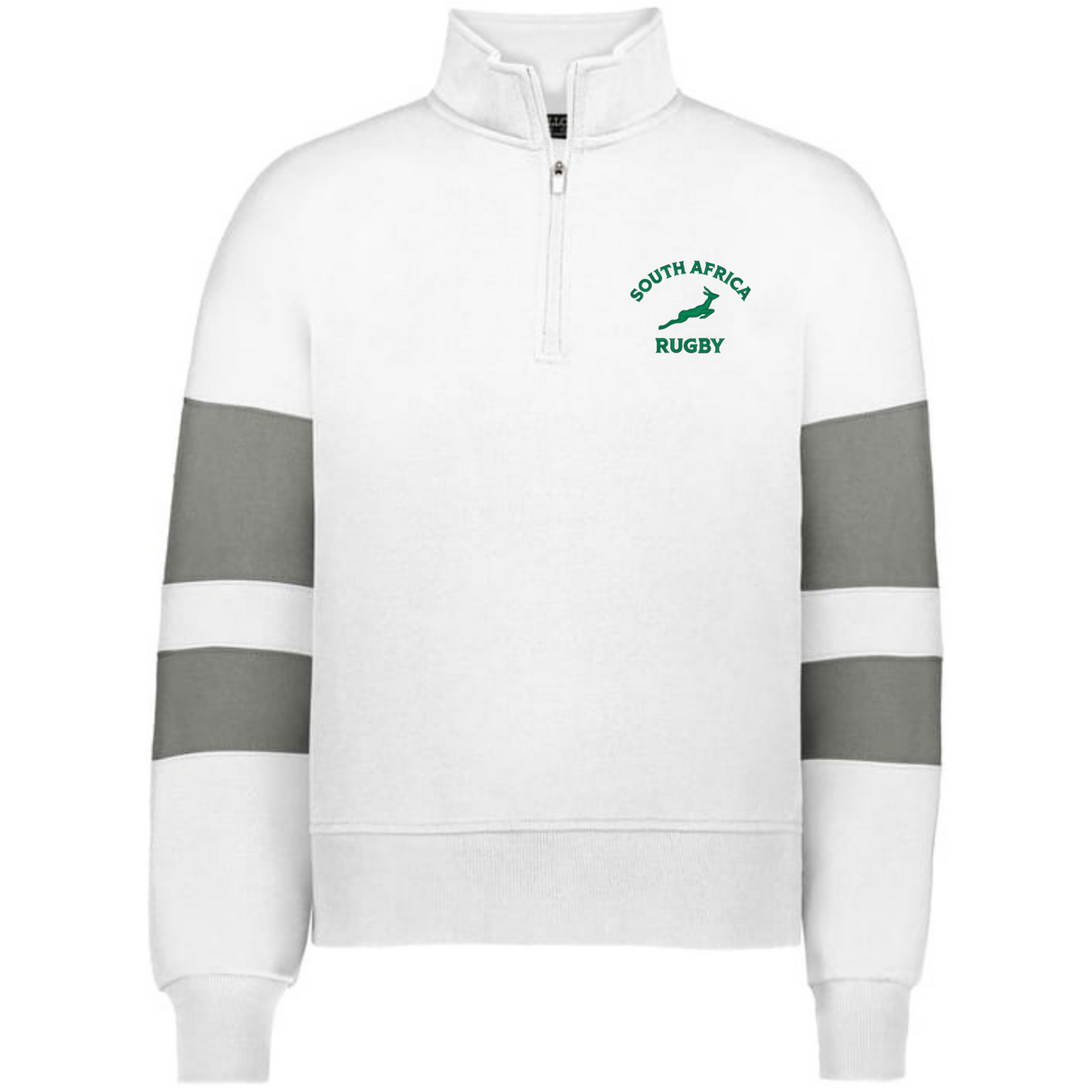 Show your team pride in the EMB Augusta Women's Nations of Rugby South Africa Jackson Way Pullover—a white quarter-zip cropped fleece with grey arm stripes and a green "South Africa Rugby" springbok logo on the chest.