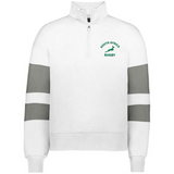 Show your team pride in the EMB Augusta Women's Nations of Rugby South Africa Jackson Way Pullover—a white quarter-zip cropped fleece with grey arm stripes and a green "South Africa Rugby" springbok logo on the chest.