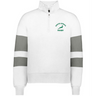 Show your team pride in the EMB Augusta Women's Nations of Rugby South Africa Jackson Way Pullover—a white quarter-zip cropped fleece with grey arm stripes and a green "South Africa Rugby" springbok logo on the chest.