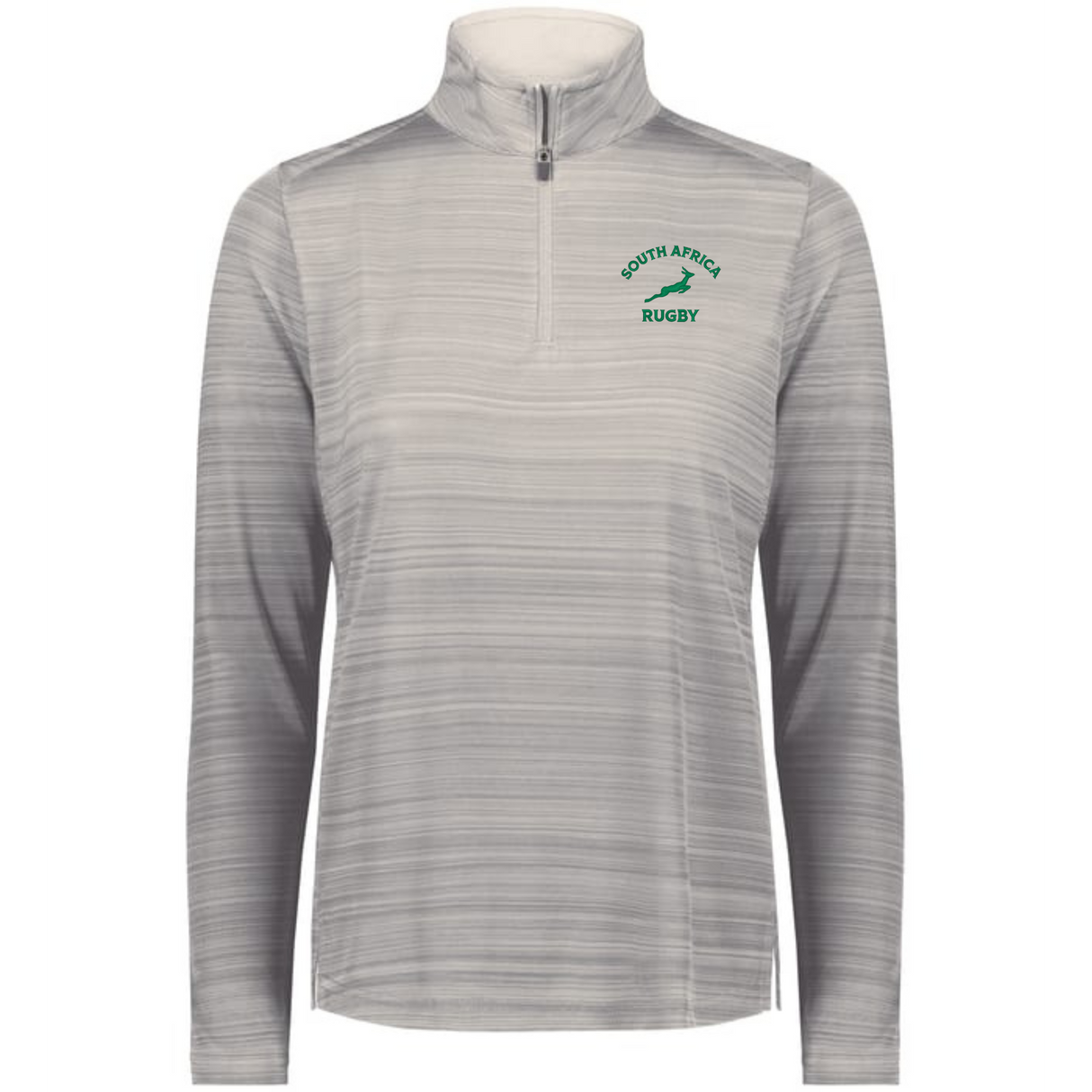 The EMB Augusta Women's Nations of Rugby South Africa Pursuit 1/4 Zip Pullover is a light gray, moisture-wicking top with subtle stripes and the iconic green springbok logo on the left chest.
