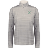 The EMB Augusta Women's Nations of Rugby South Africa Pursuit 1/4 Zip Pullover is a light gray, moisture-wicking top with subtle stripes and the iconic green springbok logo on the left chest.