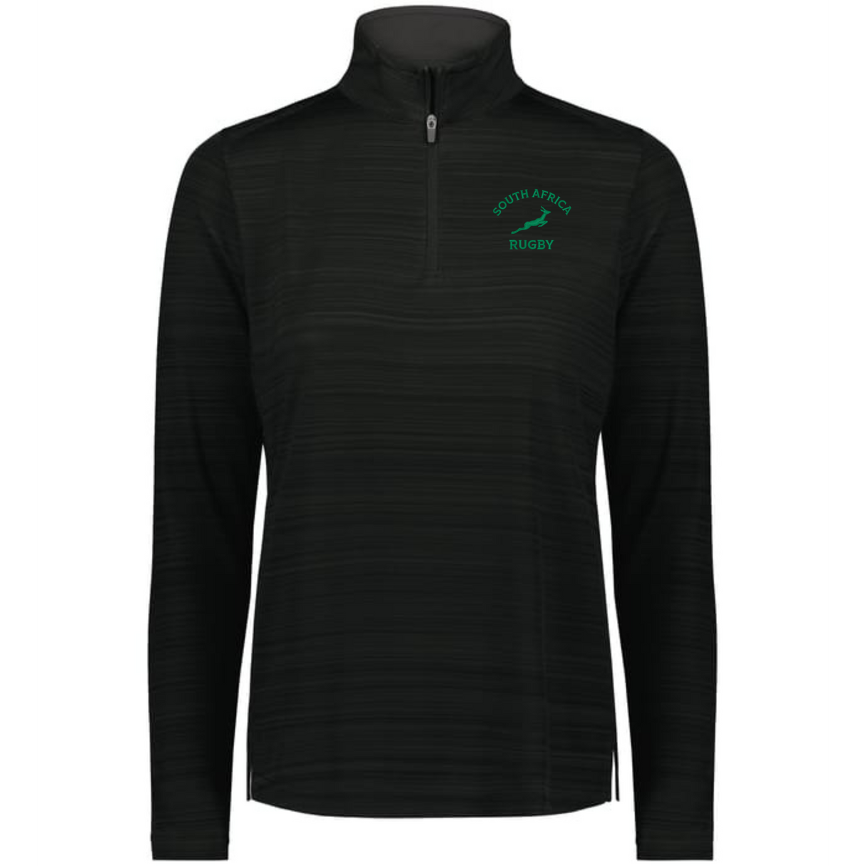 The EMB Augusta Women's Nations of Rugby South Africa Pursuit 1/4 Zip Pullover in black features moisture-wicking fabric, "South Africa Rugby" text, and a green rugby ball logo on the left chest for sporty style and comfort.