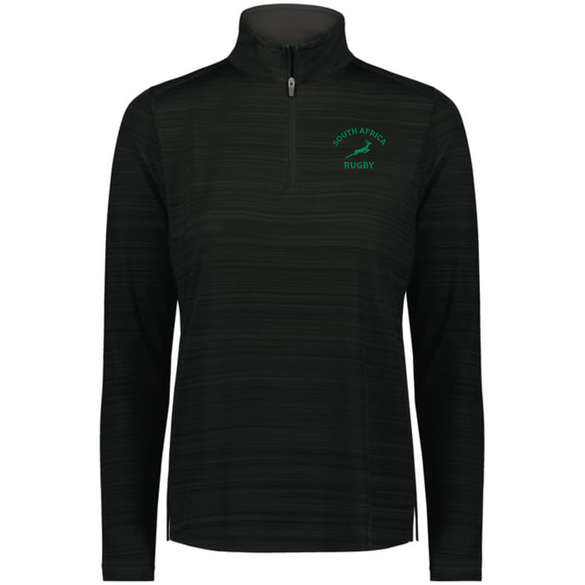 The EMB Augusta Women's Nations of Rugby South Africa Pursuit 1/4 Zip Pullover in black features moisture-wicking fabric, "South Africa Rugby" text, and a green rugby ball logo on the left chest for sporty style and comfort.