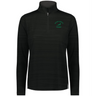 The EMB Augusta Women's Nations of Rugby South Africa Pursuit 1/4 Zip Pullover in black features moisture-wicking fabric, "South Africa Rugby" text, and a green rugby ball logo on the left chest for sporty style and comfort.