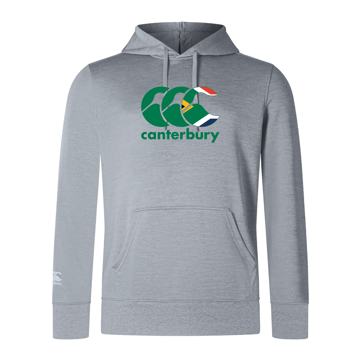 The WRS Canterbury South Africa CCC Club Lightweight Hoodie is a gray polyester hoodie with a large "CCC" logo and "Canterbury" text on the chest. It features a hood and front pocket for comfort and style.