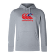 The Canterbury Samoa CCC Club Lightweight Hoodie by WRS Canterbury features a red and blue logo prominently on the gray chest and a smaller white logo on the left sleeve. Made of durable polyester, it offers versatile style and comfort.
