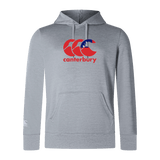 The Canterbury Samoa CCC Club Lightweight Hoodie by WRS Canterbury features a red and blue logo prominently on the gray chest and a smaller white logo on the left sleeve. Made of durable polyester, it offers versatile style and comfort.