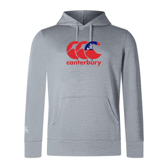 The Canterbury Samoa CCC Club Lightweight Hoodie by WRS Canterbury features a red and blue logo prominently on the gray chest and a smaller white logo on the left sleeve. Made of durable polyester, it offers versatile style and comfort.